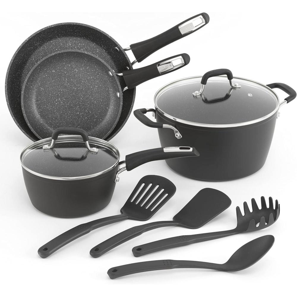 imageGoodCook 12Piece MicroDivot Nonstick Aluminum Cookware Set with Pans Dutch Oven Spoon and Turner Black 618410 piece set