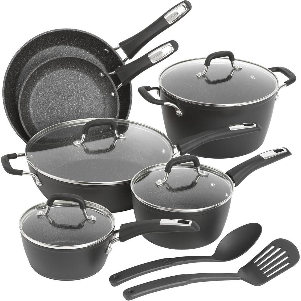 imageGoodCook 12Piece MicroDivot Nonstick Aluminum Cookware Set with Pans Dutch Oven Spoon and Turner Black 618412 piece set