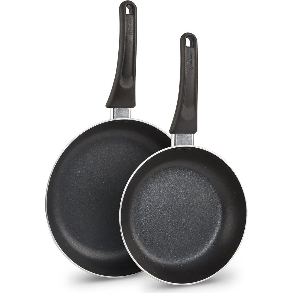 imageGoodCook Nonstick Aluminum Frying Pan Set 8quot and 10quot Skillets Black Even Heating StayCool Ergonomic Handle PFOAFree Nonstick Coating Ideal for Sauting Searing and Frying2Pack Fry Pan Set