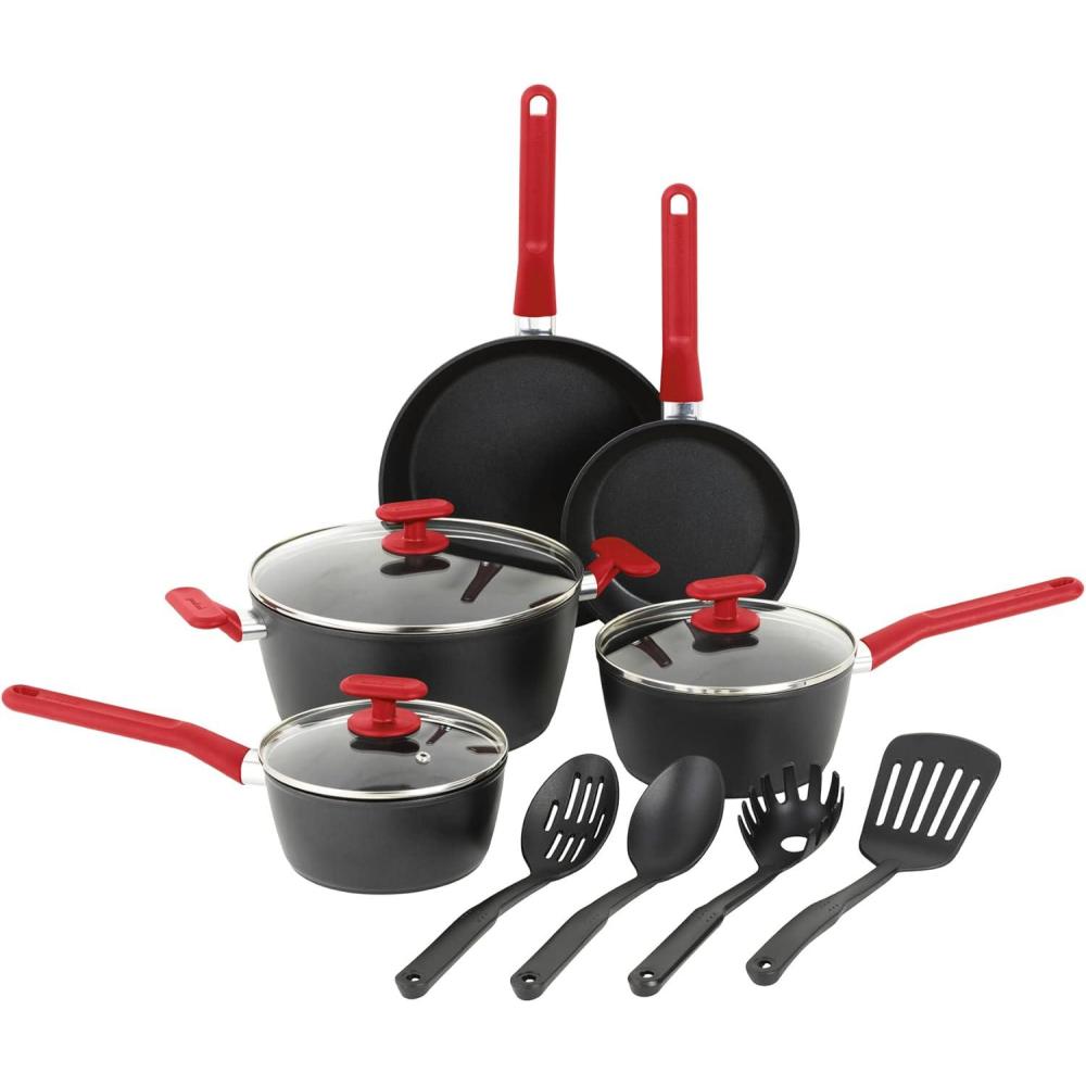 imageGoodCook ProEase 12Piece Nonstick Cookware Set Includes 4Quart Covered Dutch Oven Fry Pans Sauce Pans Utensils EvenHeating Aluminum Tempered Glass Lids Ergonomic HandlesMultiSize