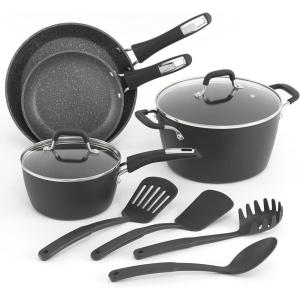 GoodCook 12-Piece Micro-Divot Nonstick Aluminum Cookware Set with Pans, Dutch Oven, Spoon and Turner, Black (6184)(10 piece set)