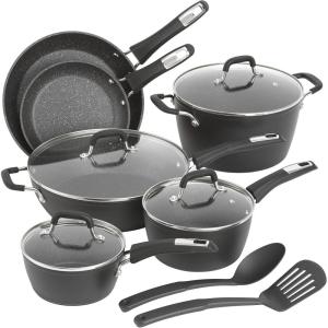 GoodCook 12-Piece Micro-Divot Nonstick Aluminum Cookware Set with Pans, Dutch Oven, Spoon and Turner, Black (6184)(12 piece set)