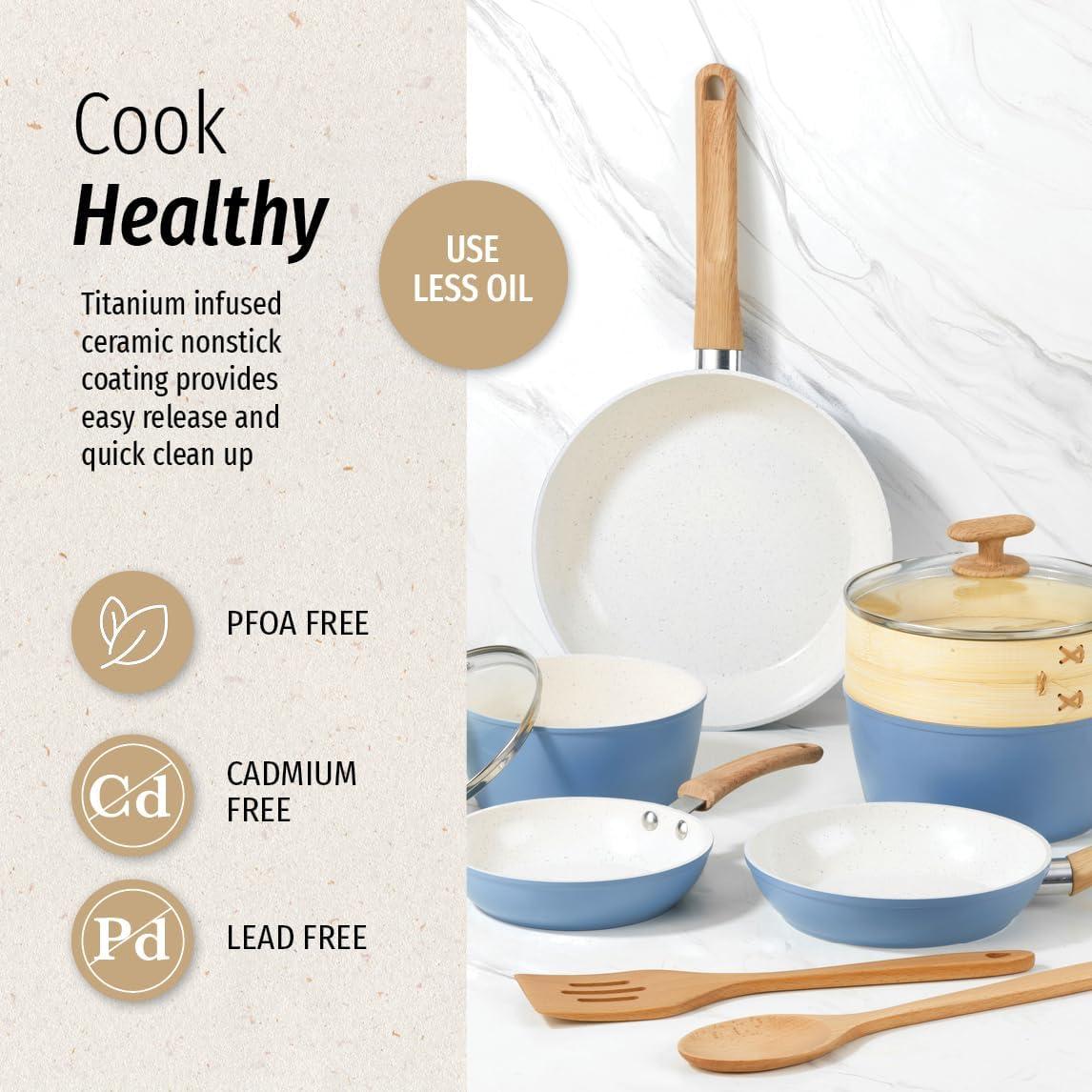 imageGoodCook 10Piece Healthy Ceramic TitaniumInfused Cookware Set Light Blue Pots Pans Steamer Spoon ampamp Turner Induction Cookware Kitchen Pots ampamp Pans Set Nonstick Cooking Pan SetLight Blue