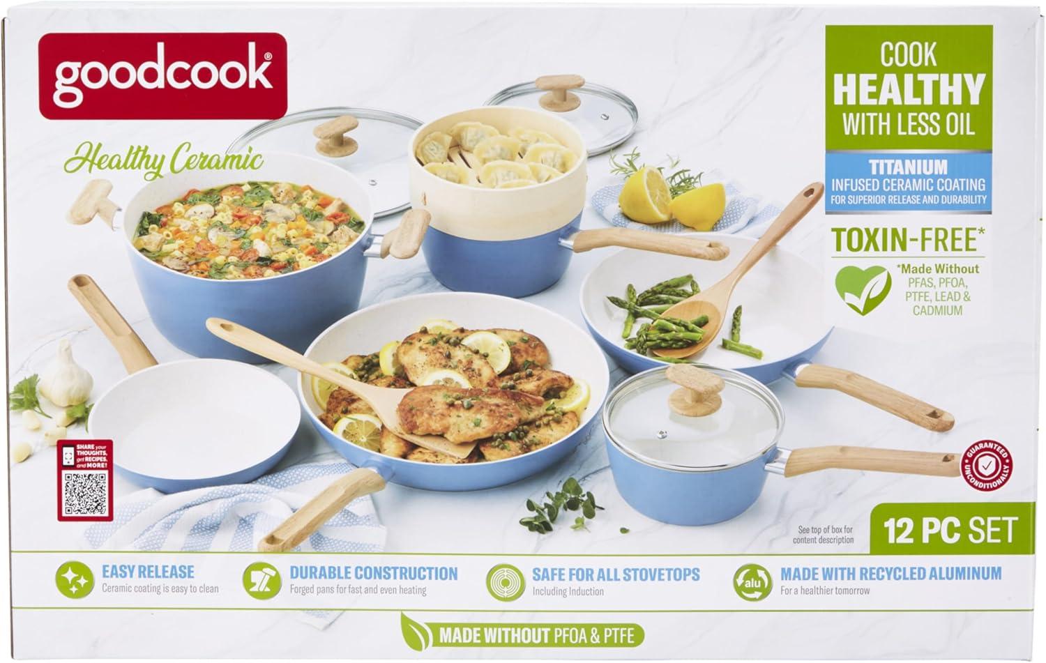 imageGoodCook 12Piece Healthy Ceramic TitaniumInfused Cookware Set Light Blue Pots Pans Steamer Spoon ampamp Turner Induction Cookware Kitchen Pots ampamp Pans Set Nonstick Cooking Pan Set12 Piece Cookware Set