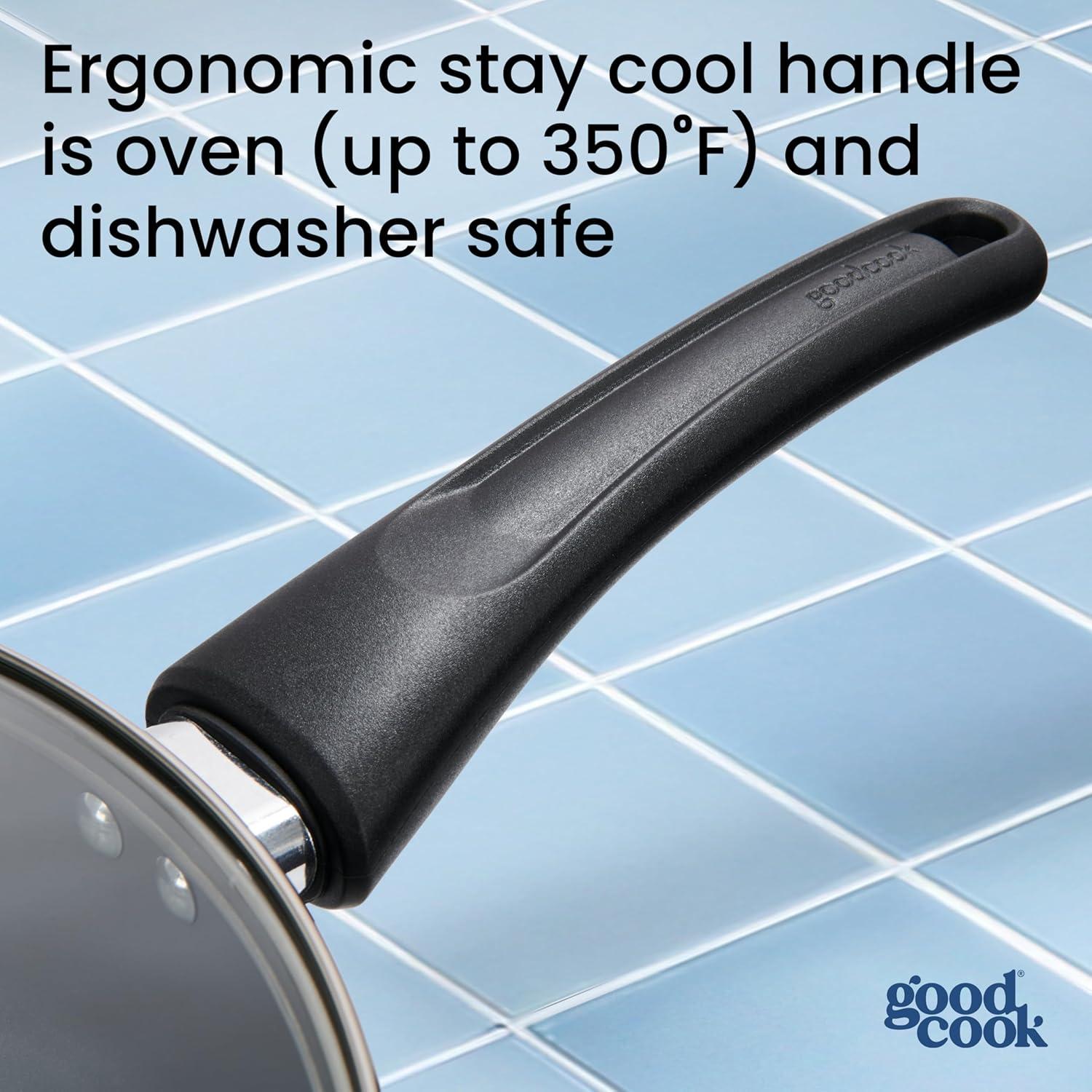 imageGoodCook Everyday Ceramic Nonstick Cookware Set Includes 8 ampamp 10Inch Fry Pans 1 ampamp 2Quart Covered Sauce Pans 47Quart Covered Dutch Oven Turner and Basting Spoon 10Piece Black