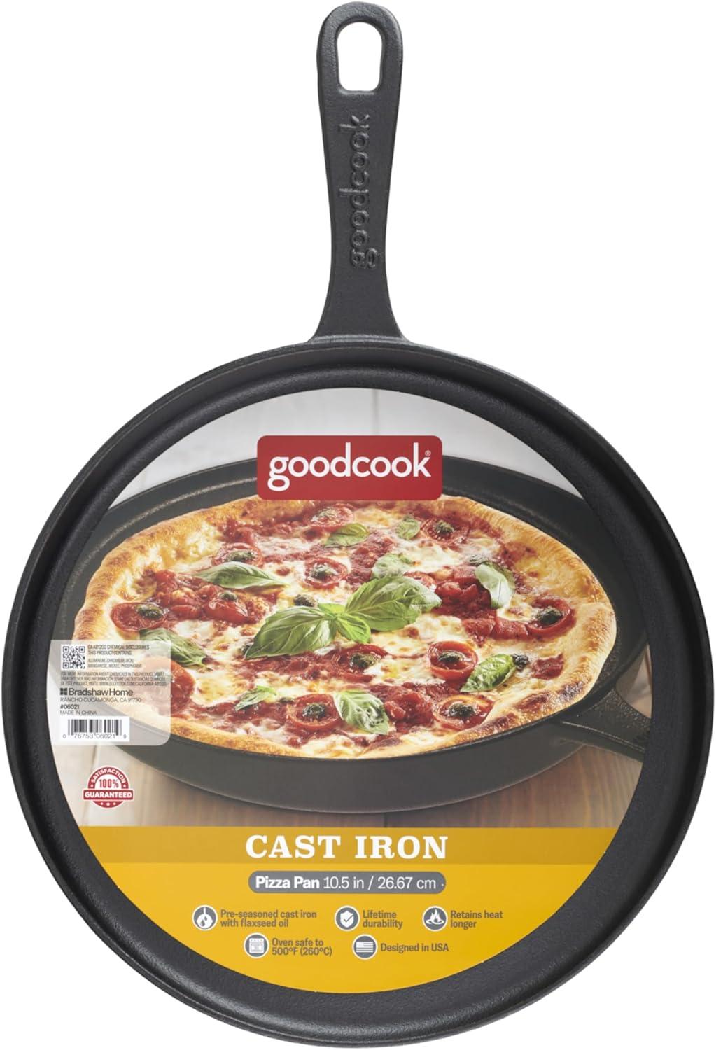 imageGoodCook PreSeasoned Cast Iron Pizza Pan 105Inch Round Skillet for Pizza Crepes and Pancakes Durable Even Heating Cookware Oven Safe to 500F Versatile Black Cast Iron Pan