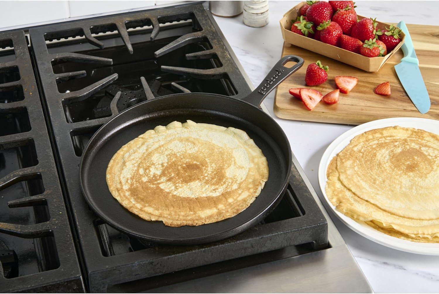 imageGoodCook PreSeasoned Cast Iron Pizza Pan 105Inch Round Skillet for Pizza Crepes and Pancakes Durable Even Heating Cookware Oven Safe to 500F Versatile Black Cast Iron Pan
