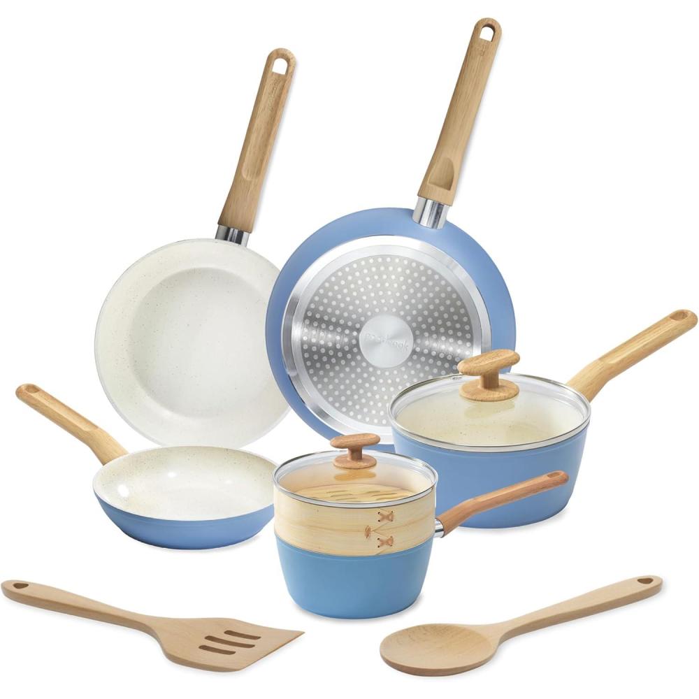 imageGoodCook 10Piece Healthy Ceramic TitaniumInfused Cookware Set Light Blue Pots Pans Steamer Spoon ampamp Turner Induction Cookware Kitchen Pots ampamp Pans Set Nonstick Cooking Pan SetLight Blue