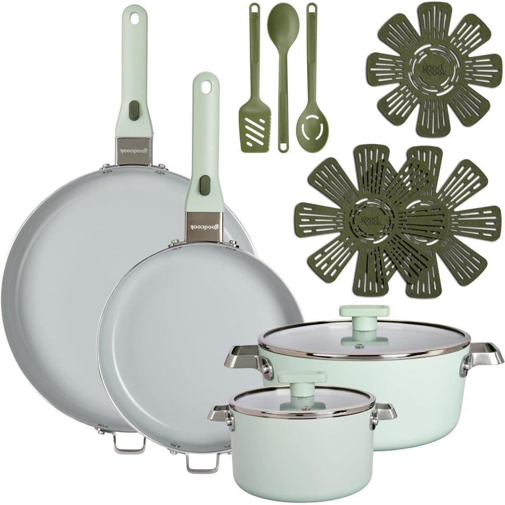 imageGoodCook Ceramic Frying Pan Skillet with Removable Handle Induction Compatible Nonstick and Oven Safe 12Inch Sage Green14Piece Set