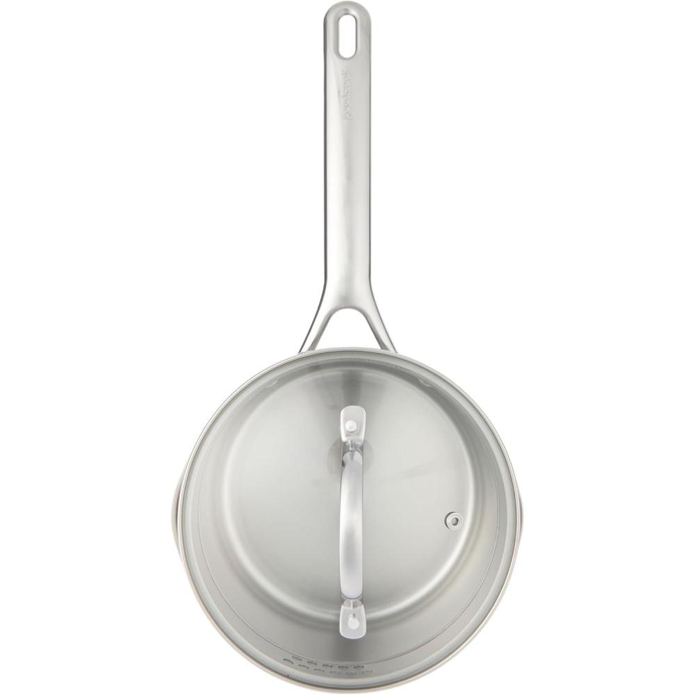 imageGoodCook Stainless Steel Sauce Pan with Strainer Lid OvenSafe to 500F ampamp InductionSafe Compatible with All Stovetops 3Layer Construction for Even Heating PTFE ampamp PFOA Free 25Quarts Silver25Quarts