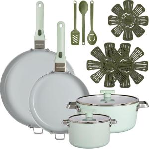 GoodCook Ceramic Frying Pan Skillet with Removable Handle, Induction Compatible, Nonstick and Oven Safe, 12-Inch, Sage Green(14-Piece Set)