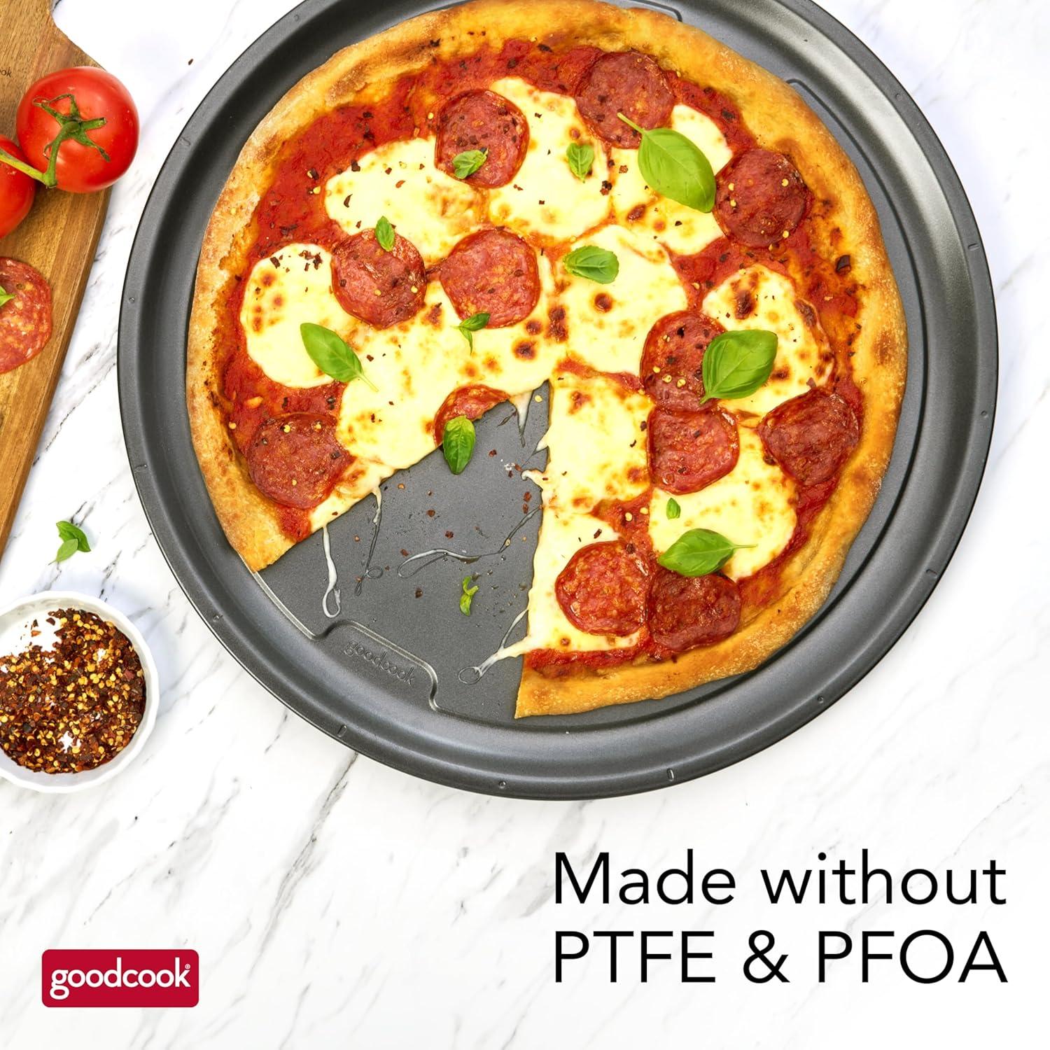 imageGoodCook PRO Pizza Pan Nonstick Warp ampamp ScratchResistant DishwasherSafe Carbon Steel Construction for Even Baking Oven Safe to 480F 16Inch Gray