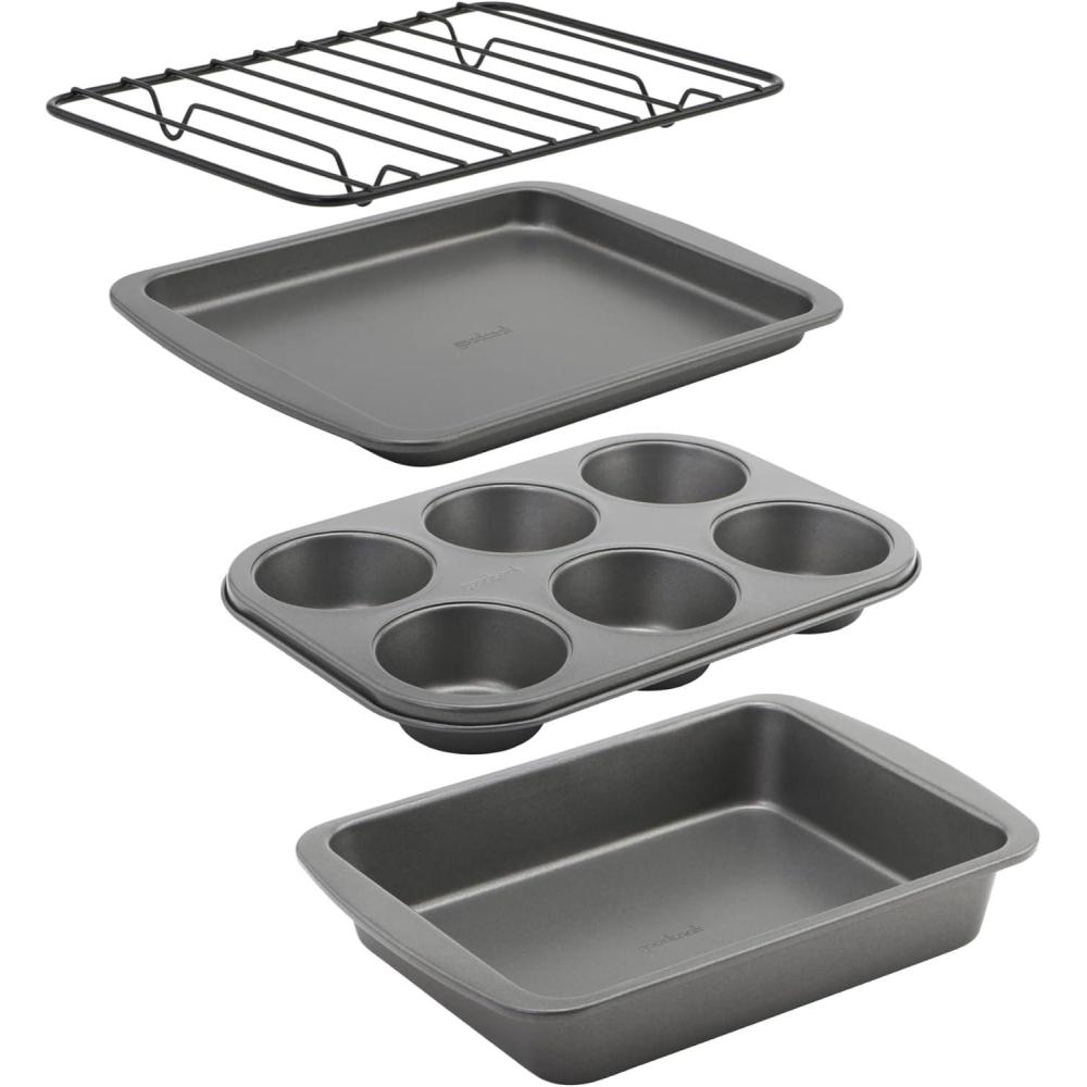 imageGoodCook 4Piece Nonstick Steel Toaster Oven Set with Sheet Pan Rack Cake Pan and Muffin Pan Gray 4Piece Set Distributes Heat Evenly Nonstick Coating DishwasherSafe4Piece