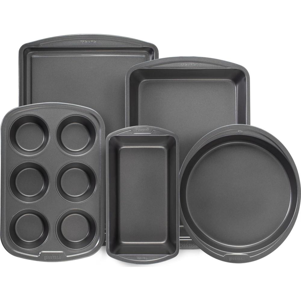 imageGoodCook 4Piece Nonstick Steel Toaster Oven Set with Sheet Pan Rack Cake Pan and Muffin Pan Gray 4Piece Set Distributes Heat Evenly Nonstick Coating DishwasherSafe5Piece