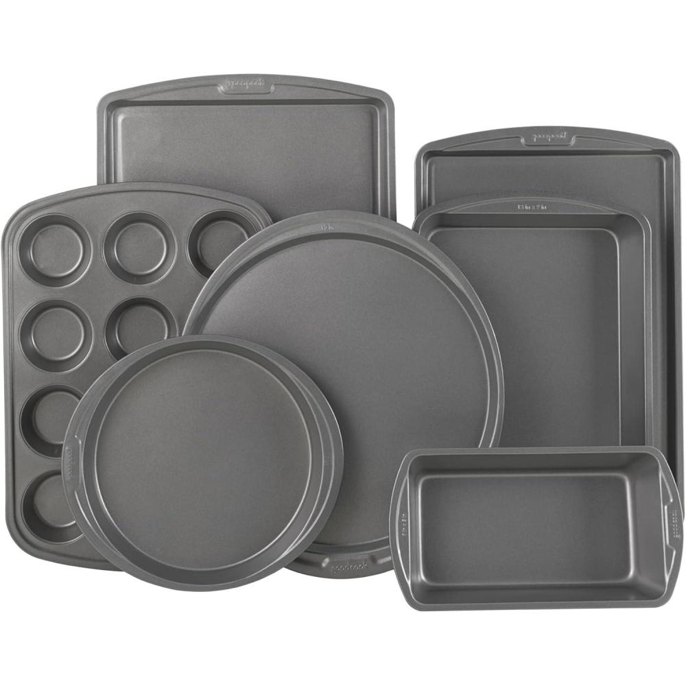imageGoodCook 4Piece Nonstick Steel Toaster Oven Set with Sheet Pan Rack Cake Pan and Muffin Pan Gray 4Piece Set Distributes Heat Evenly Nonstick Coating DishwasherSafe7Piece