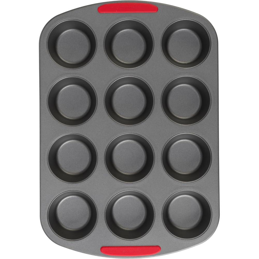imageGoodCook MegaGrip 12Cup Muffin Pan with Silicone Grip Handles Perfect for Cupcakes Durable HeavyGauge Steel Construction ScratchResistant Nonstick Coating 155x105Inch Gray12Cup