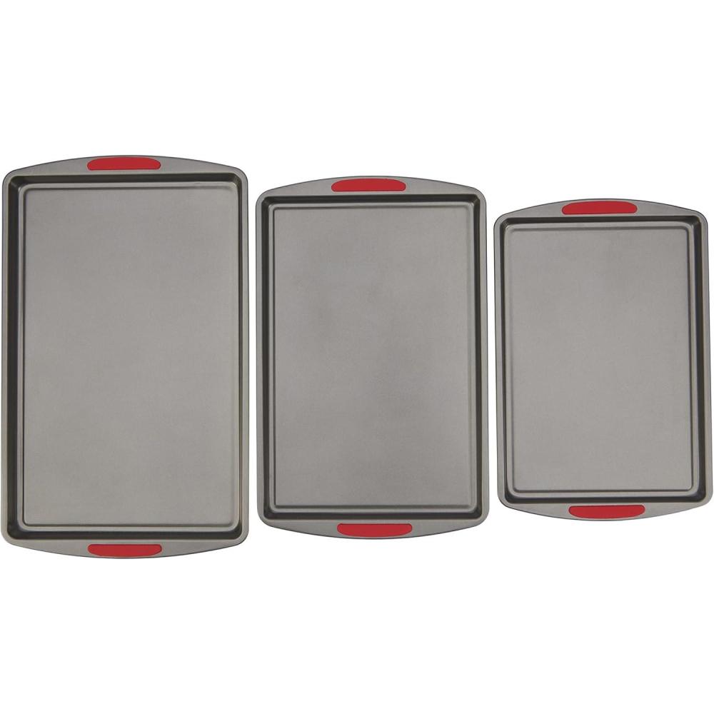 imageGoodCook MegaGrip Set of 3 Nonstick Steel Multipurpose Cookie Sheets with Silicone Grip Handles GrayAssorted Set of 3