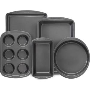 GoodCook 4-Piece Nonstick Steel Toaster Oven Set with Sheet Pan, Rack, Cake Pan, and Muffin Pan, Gray, 4-Piece Set Distributes Heat Evenly, Nonstick Coating, Dishwasher-Safe(5-Piece)