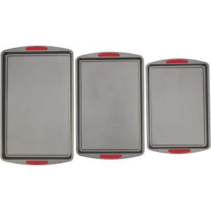 GoodCook MegaGrip Set of 3 Nonstick Steel Multipurpose Cookie Sheets with Silicone Grip Handles, Gray(Assorted Set of 3)