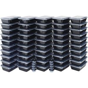 Meal Prep 1 Compartment Set with 50 containers + 10 condiment cups with lids, Made without BPA
